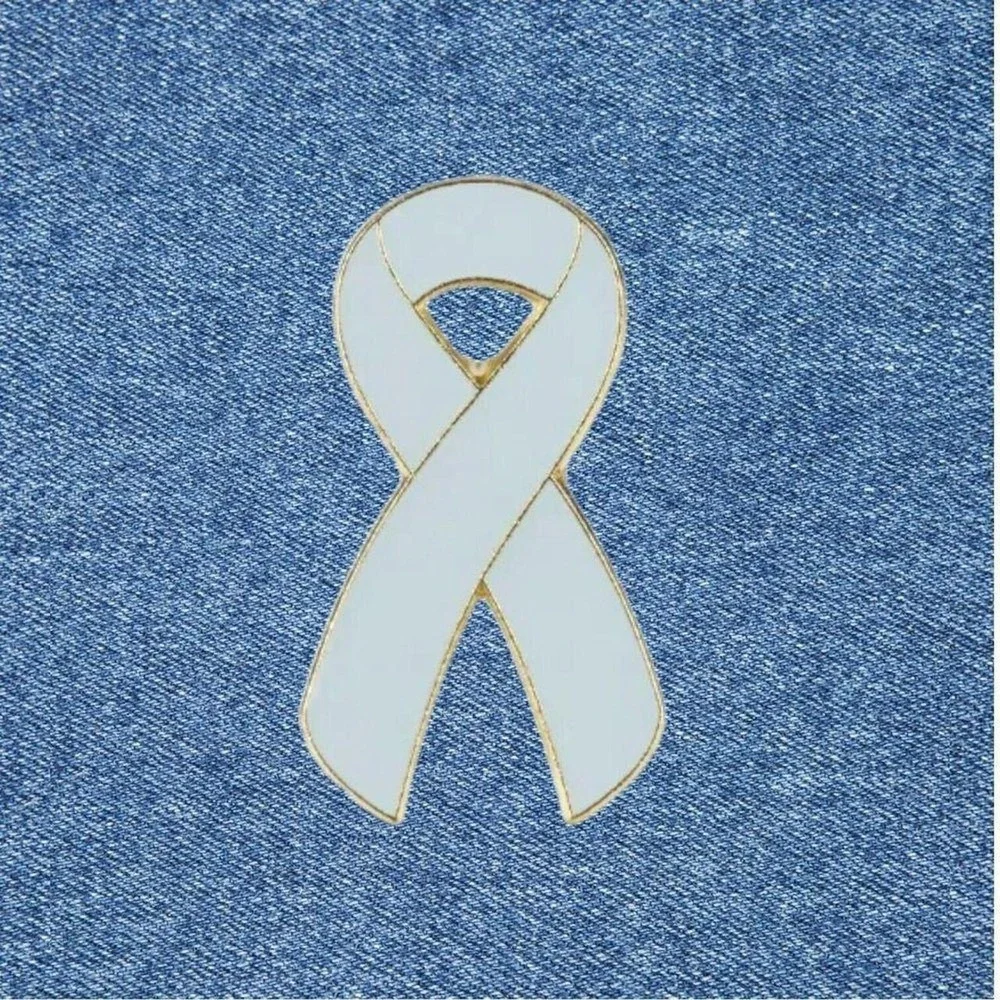 White Awareness Ribbon Enamel Pin Gold Tone Support Lapel Hat Accessory 1in